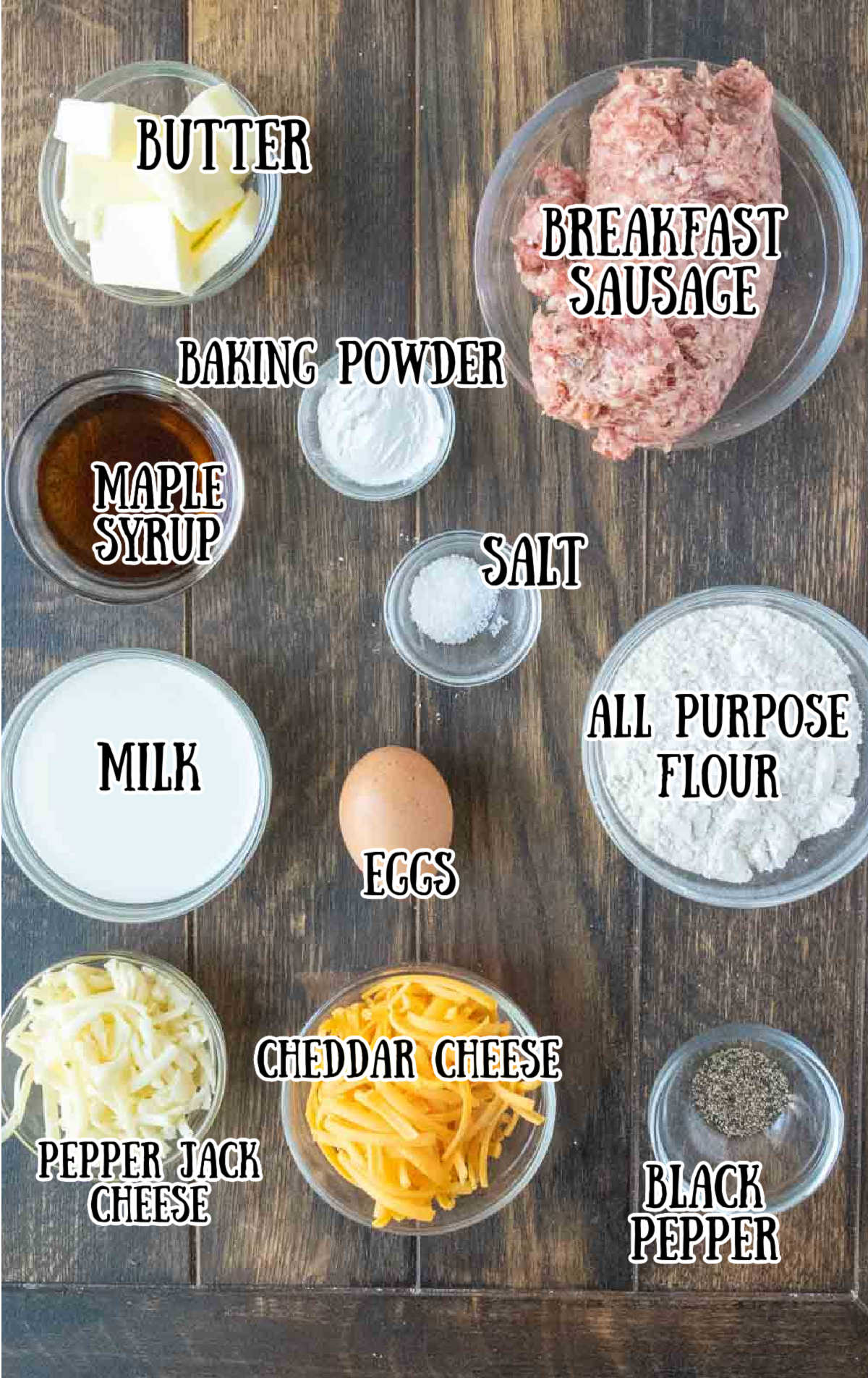 Labeled ingredients for sausage muffins with gravy.