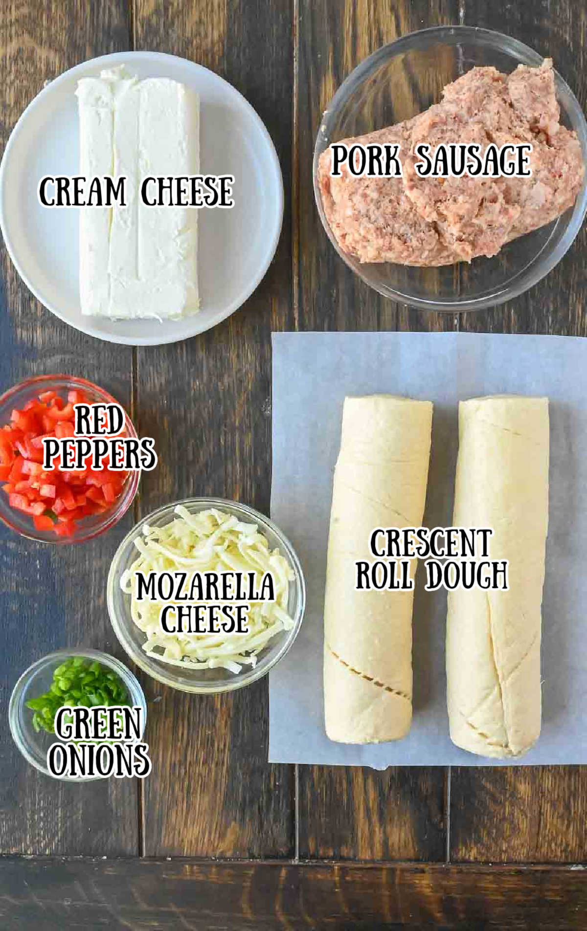 Labeled ingredients for sausage pinwheels.