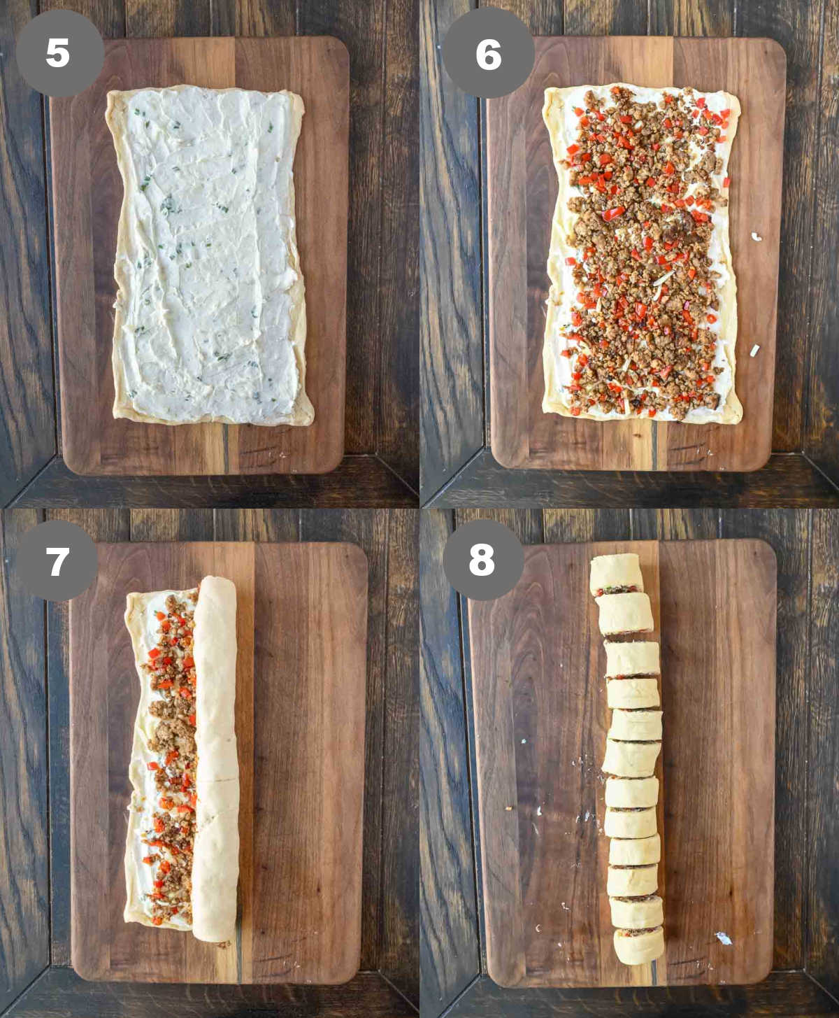 Steps 5 through 8 for making sausage pinwheels.