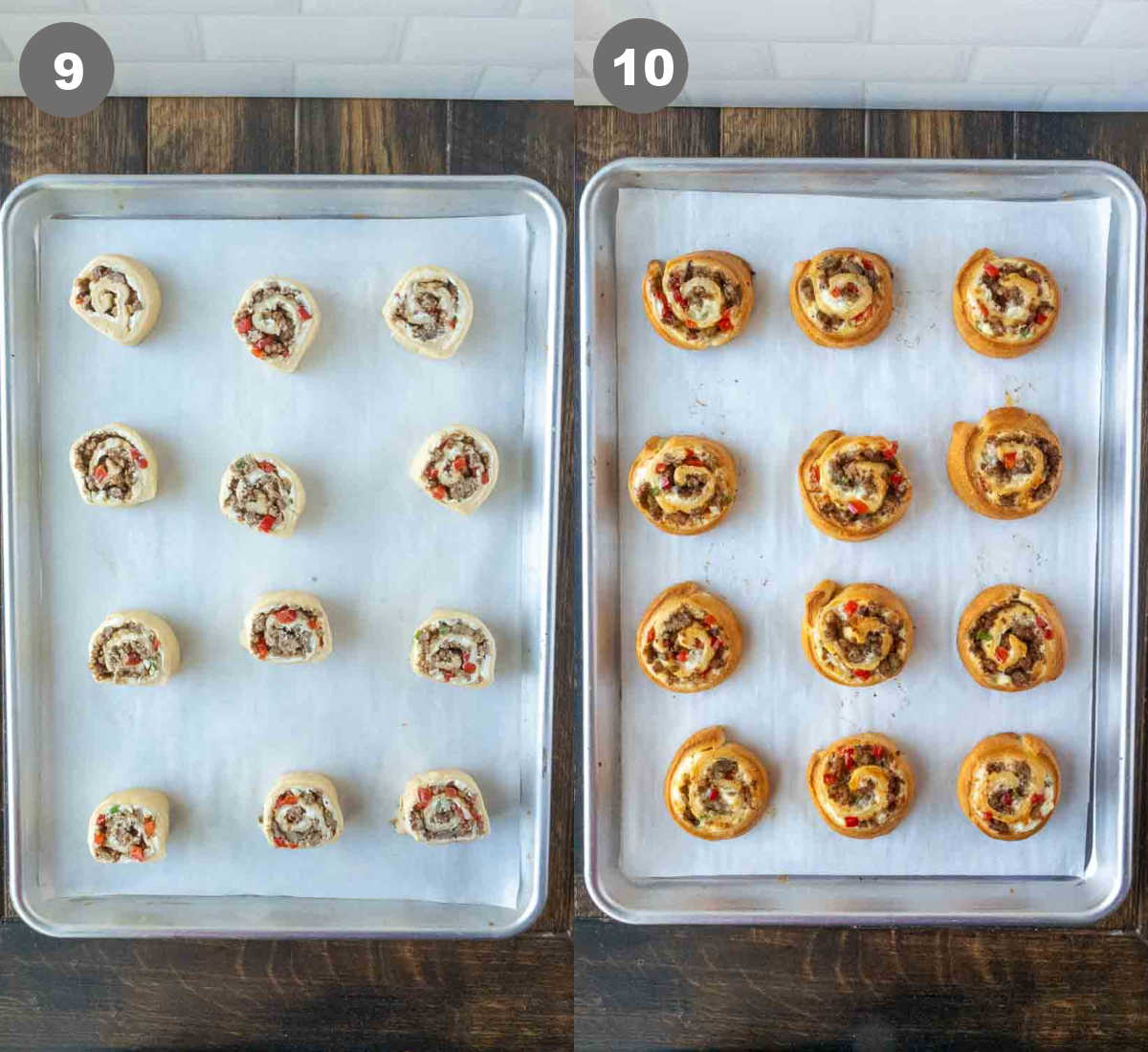 Steps 9 and 10 for sausage pinwheels.