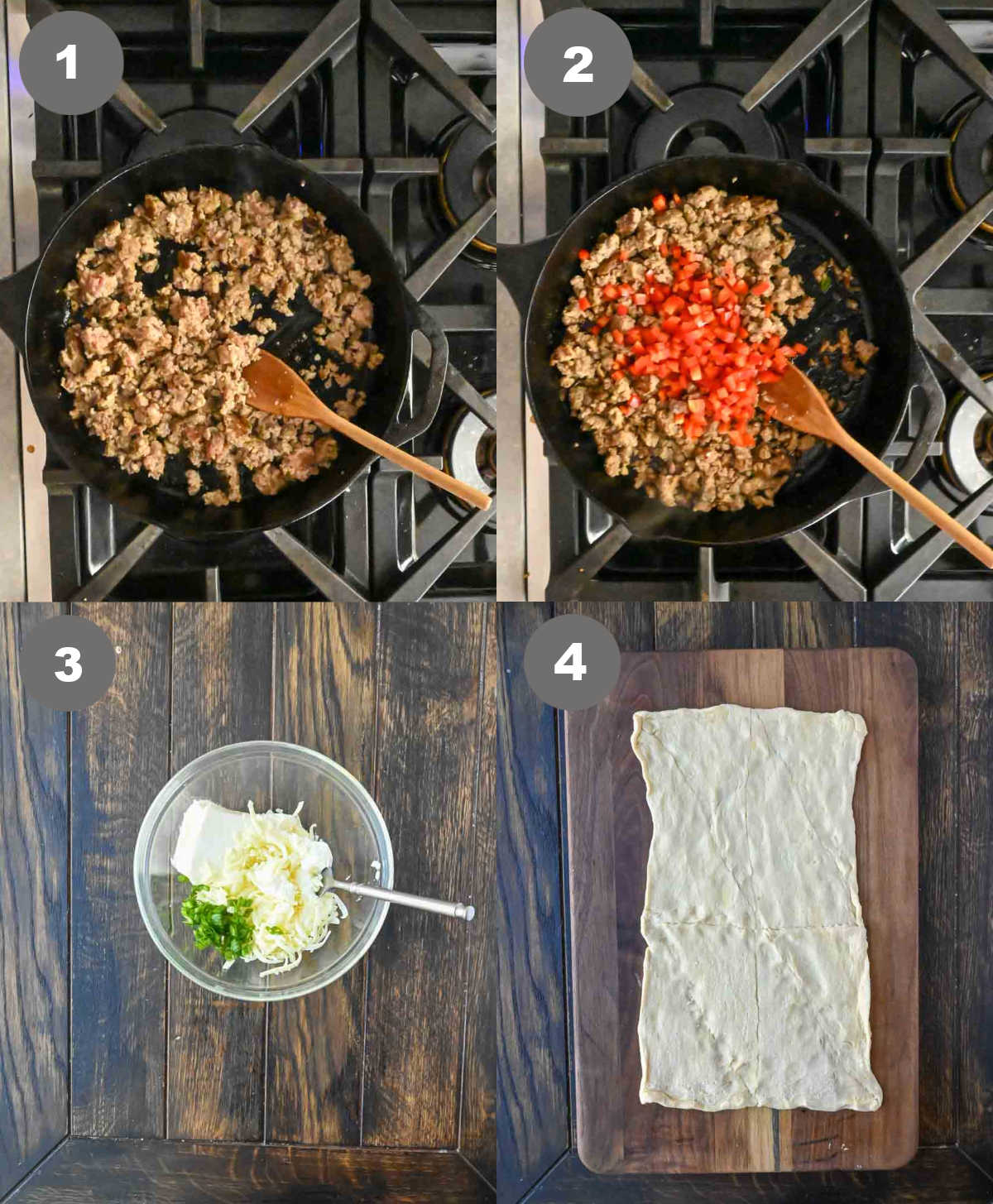 Steps 1 through 4 for making sausage pinwheels.