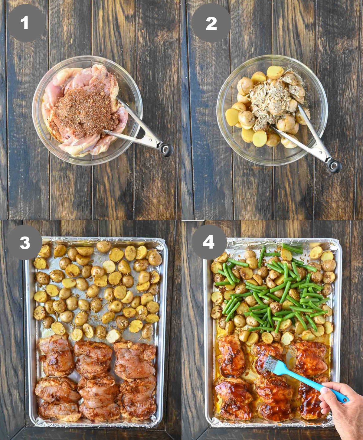 Steps 1 through 4 for making bbq baked chicken potatoes and green beans.