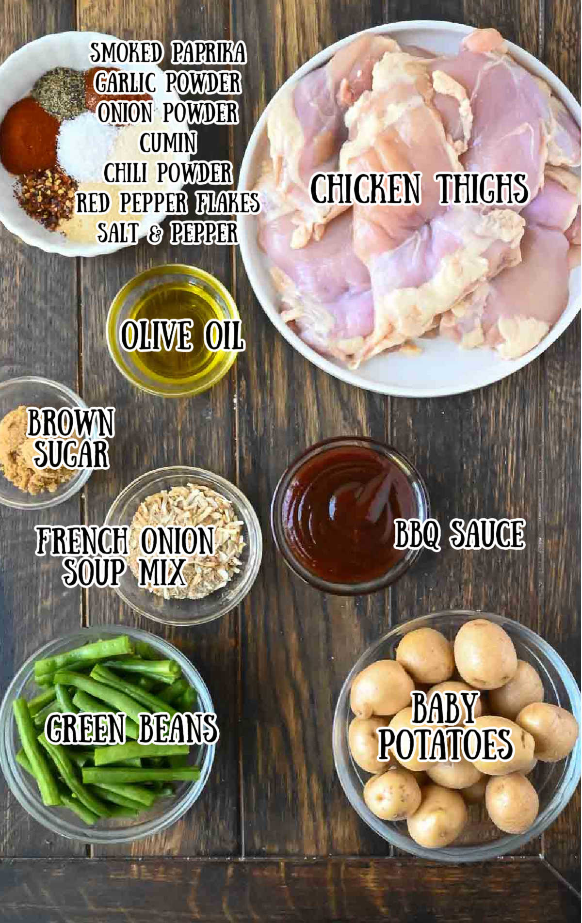 Labeled ingredients for baked chicken potatoes and green beans.