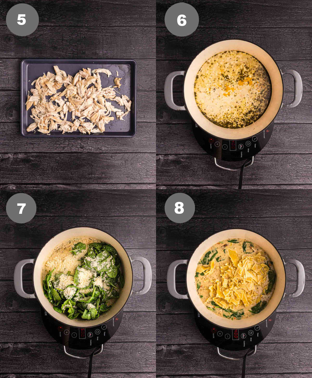 Steps 5 through 8 for making white lasagna soup.