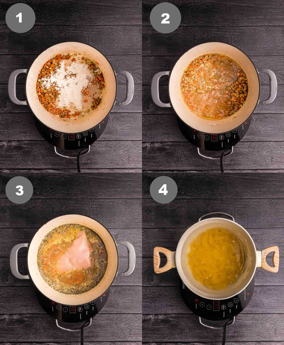 Steps 1 through 4 for making white lasagna soup.