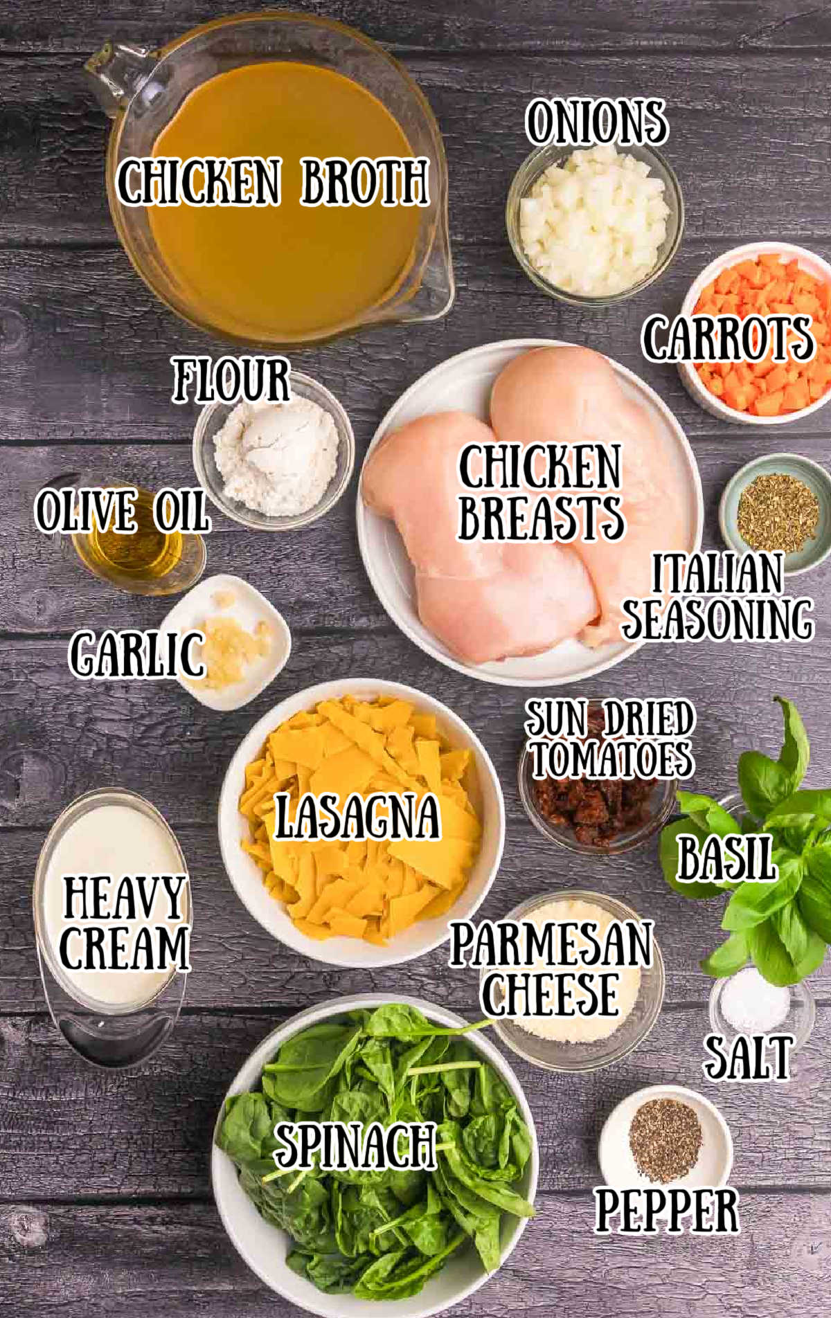 Labeled ingredients for white lasagna soup.