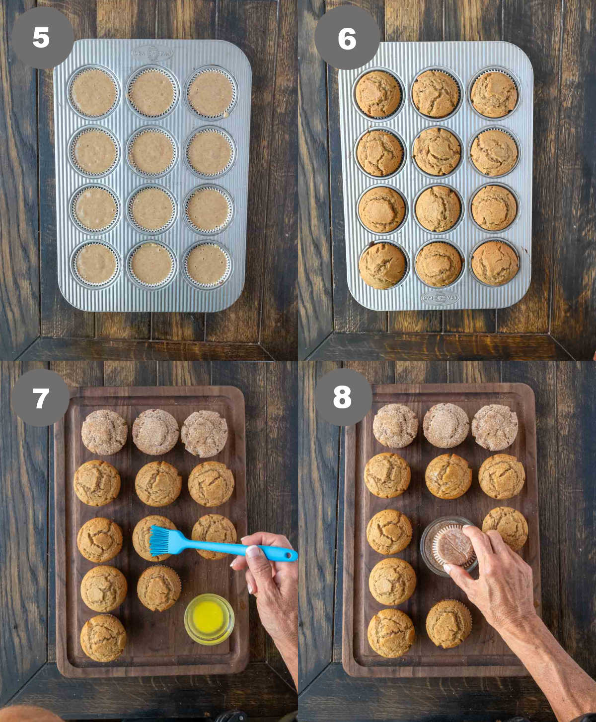 apple cider muffins placed in a muffin tin, baked then brushed with butter and dipped in sugar.