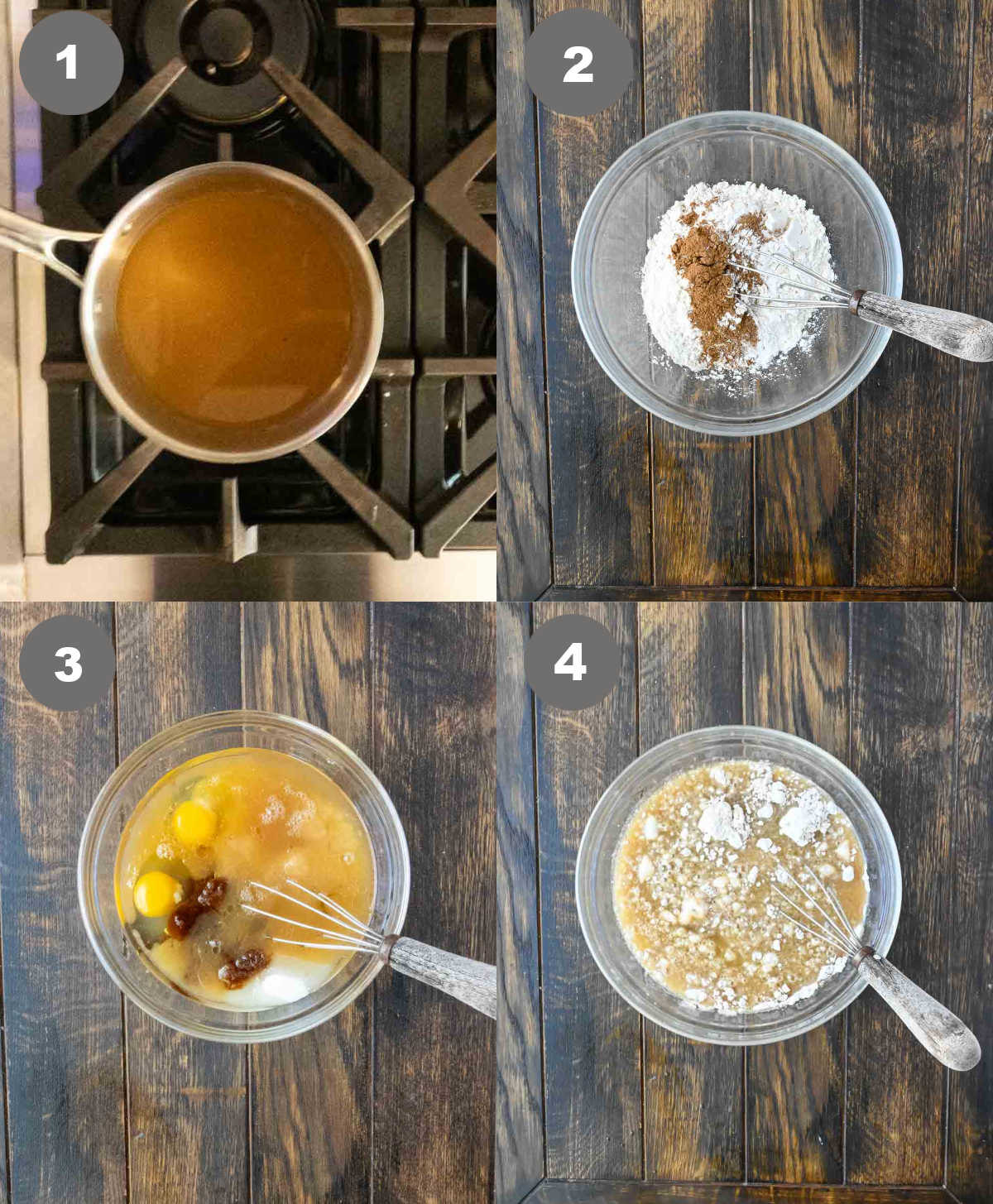 Apple cider reduced in a pan and the batter mixed in a bowl.