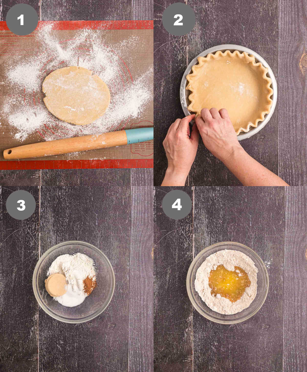 Steps 1 through 4 for making apple crumble pie.