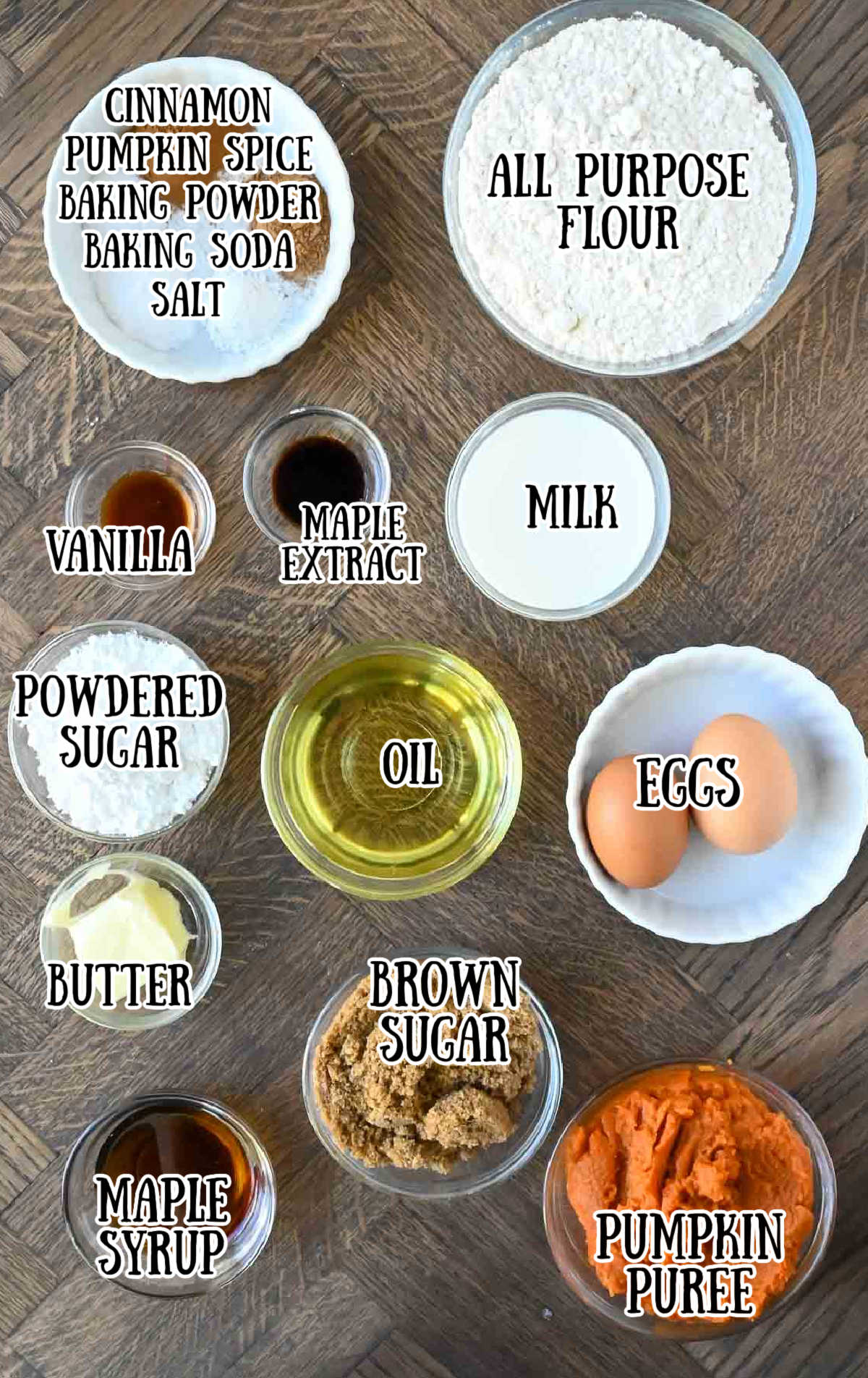 All the ingredients for these baked pumpkin donuts.