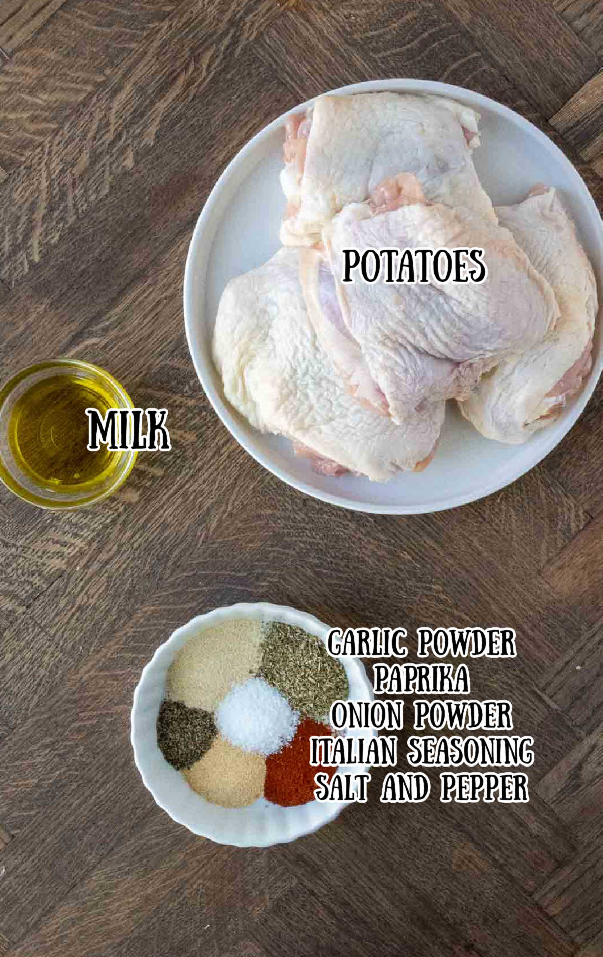 Labeled ingredients for crispy roasted chicken thighs.