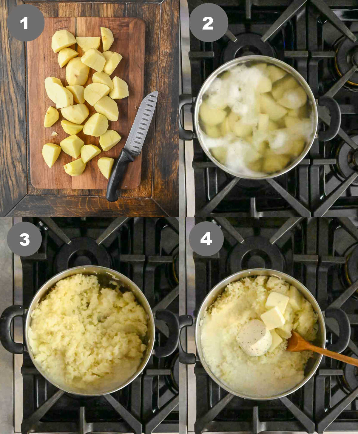Steps 1 though 4 for making mashed potatoes with boursin cheese.