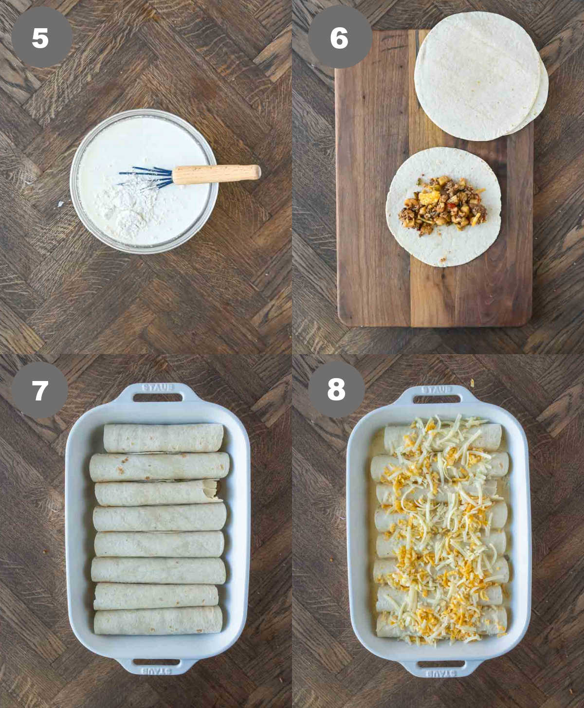 Eggs mixed in a bowl, filling added to the tortillas and placed into a baking dish.