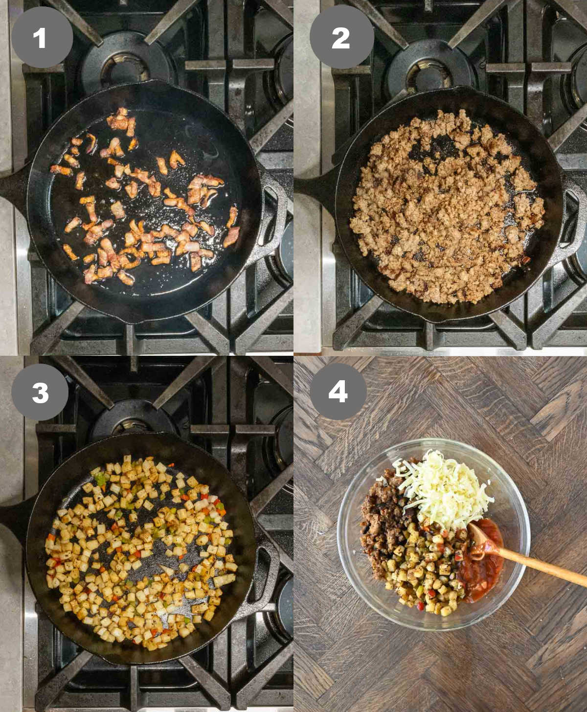 Bacon and sausage cooked in a skillet then added to a bowl with the potatoes and cheese.