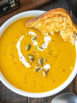 A bowl of panera bread butternut squash soup.