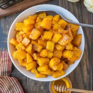 Roasted butternut squash in a bowl.