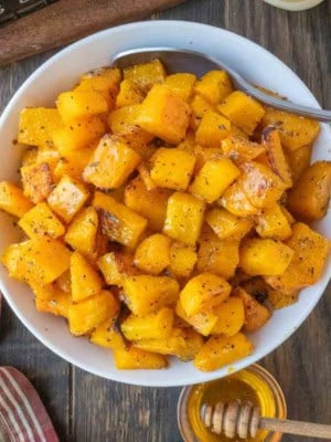 Roasted butternut squash in a bowl.
