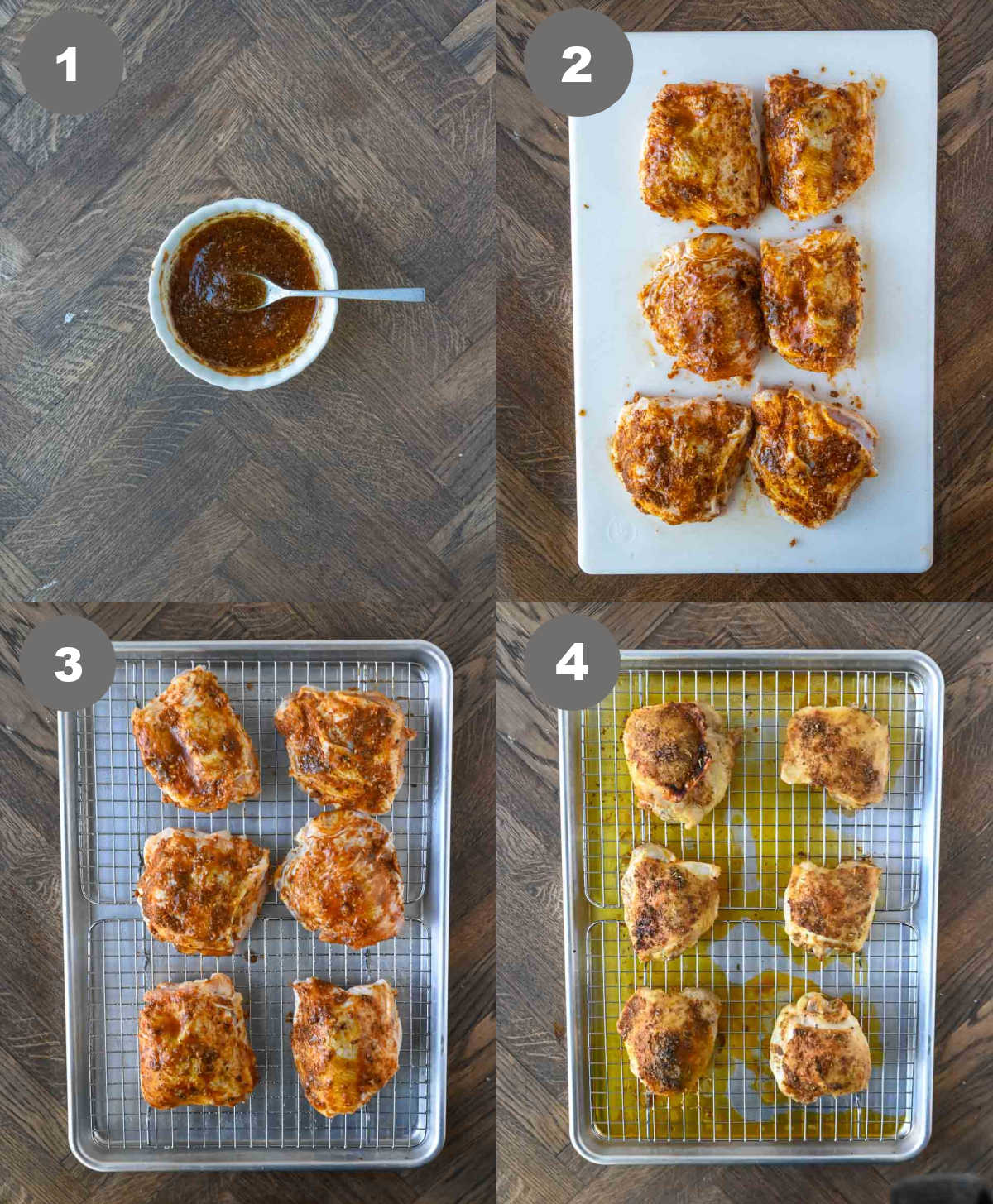 Steps 1 through 4 for making crispy roasted chicken thighs.