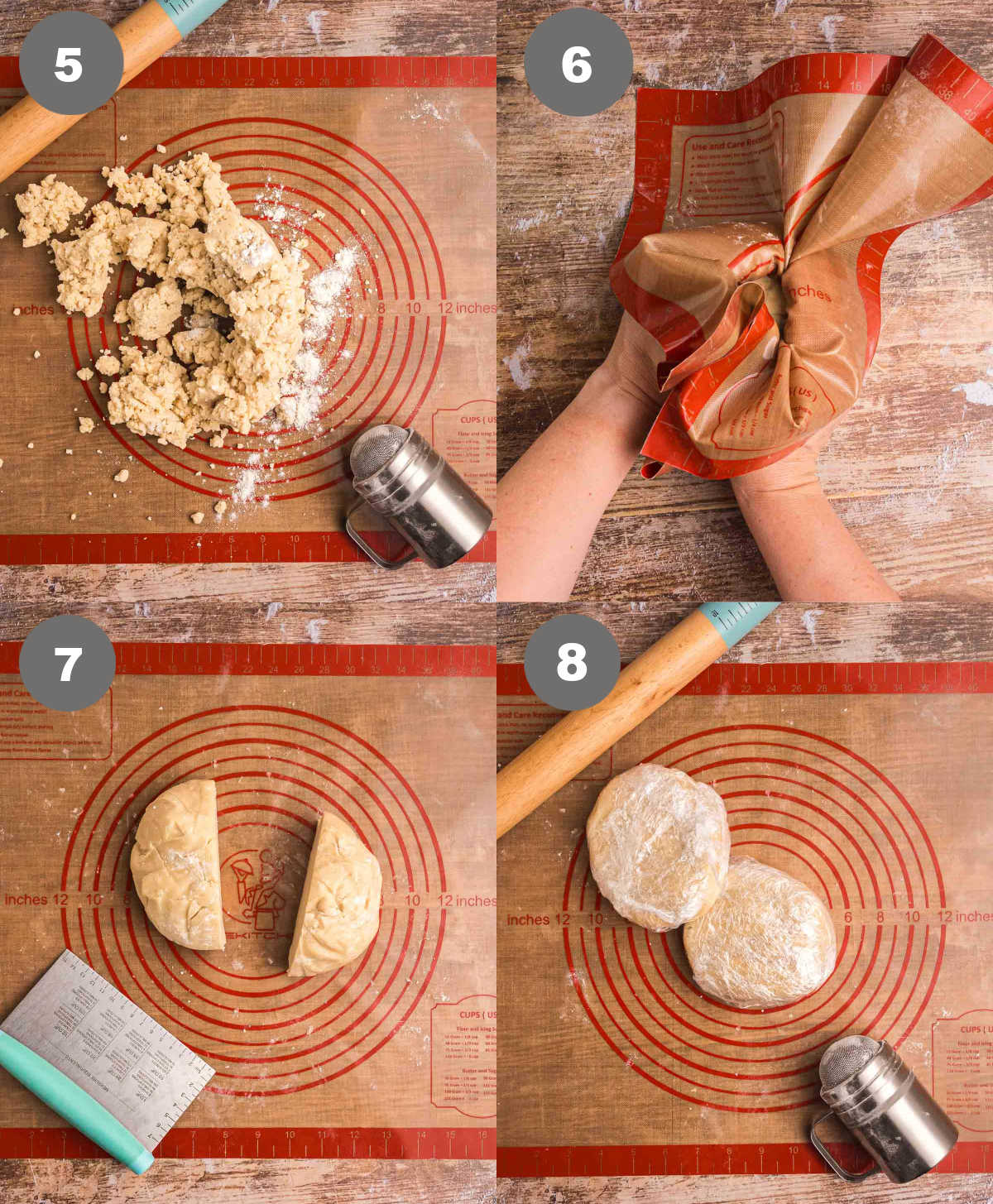 Steps 5 through 8 for making homemade pie crust