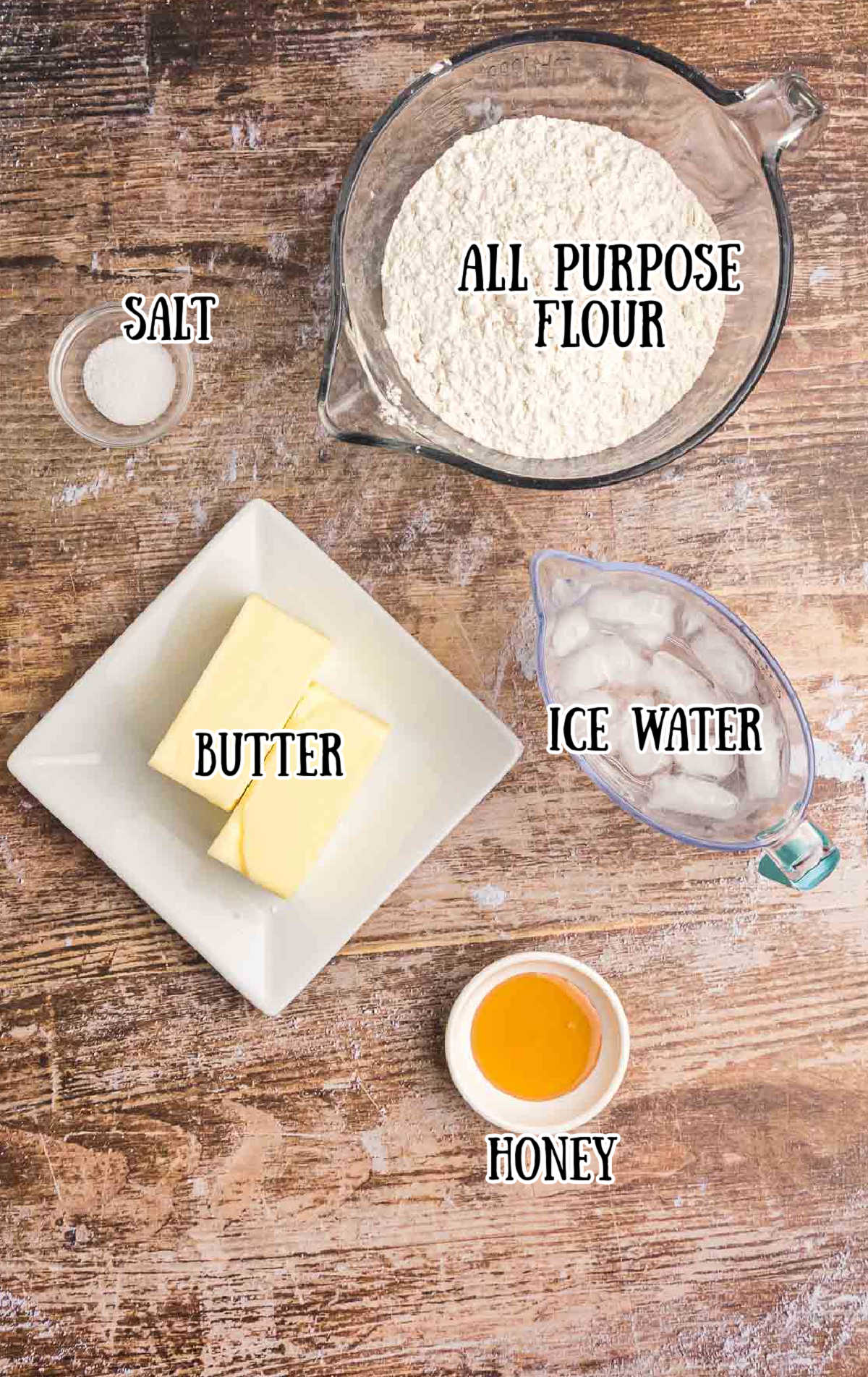 Labelled ingredients for homemade pie crust.