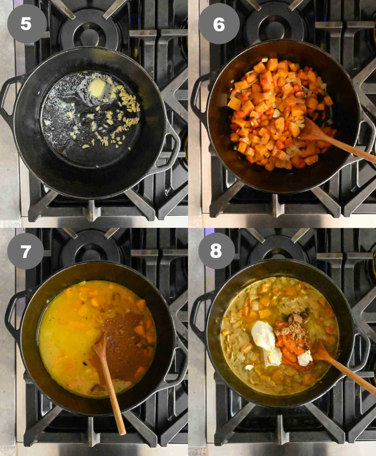 Steps 5 through 8 for making butternut squash soup.