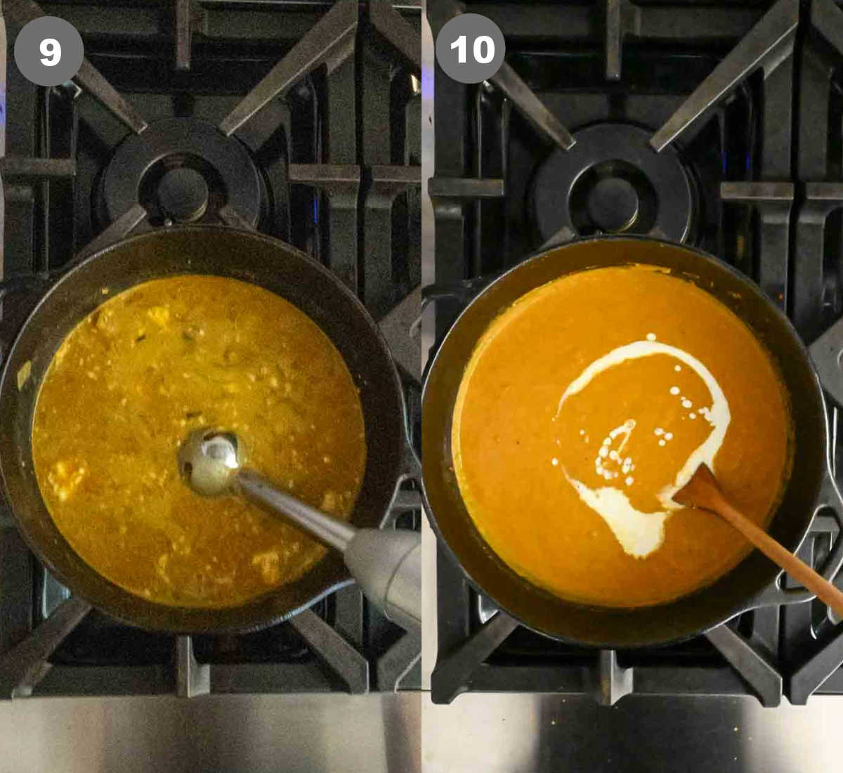 Steps 9 and 10 for making butternut squash soup.