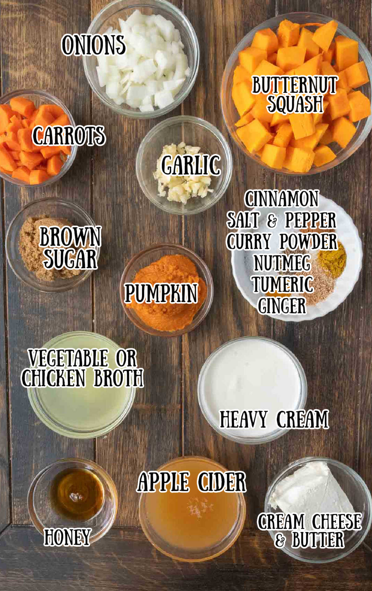 Labeled ingredients for butternut squash soup.