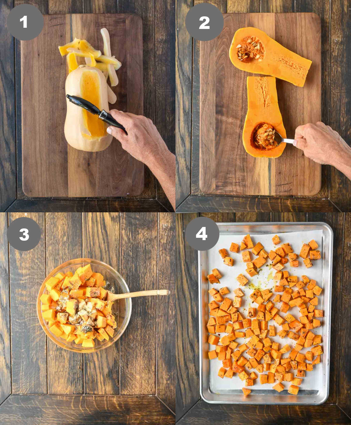 Steps 1 through 4 for making butternut squash soup.
