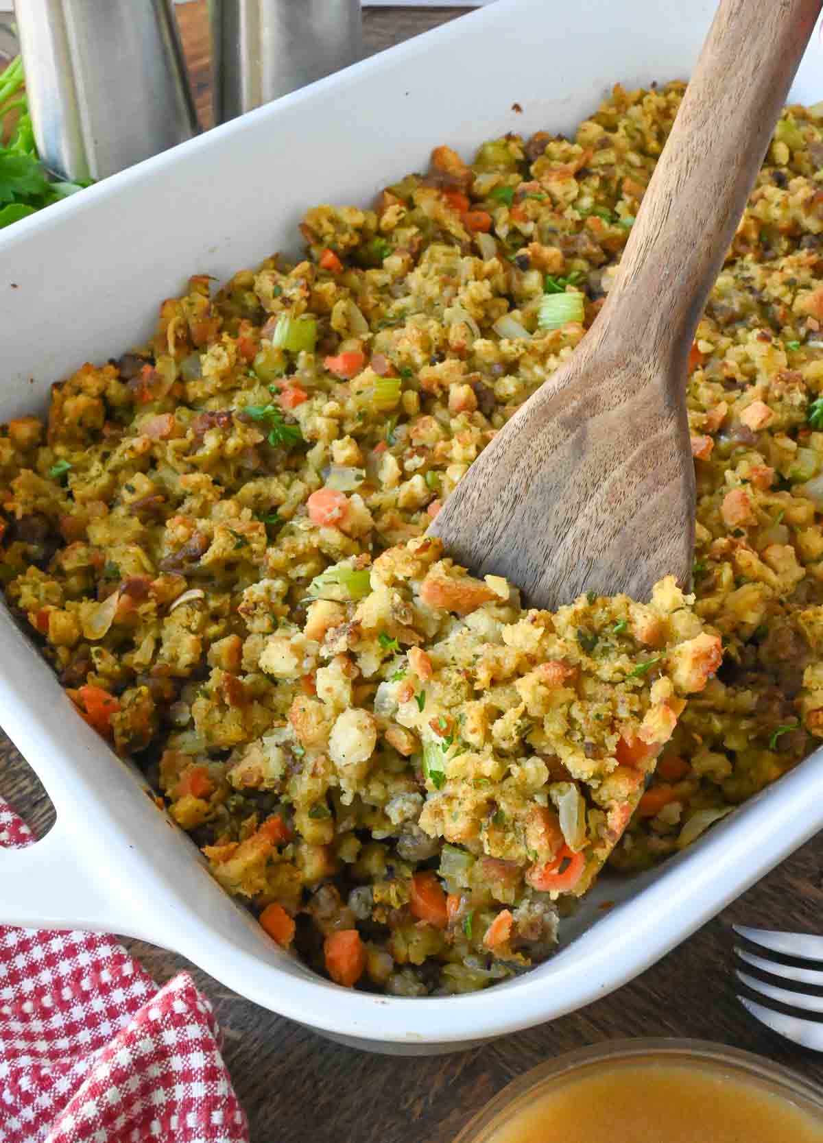 A baking dish full of semi homemade stuffing from a box.