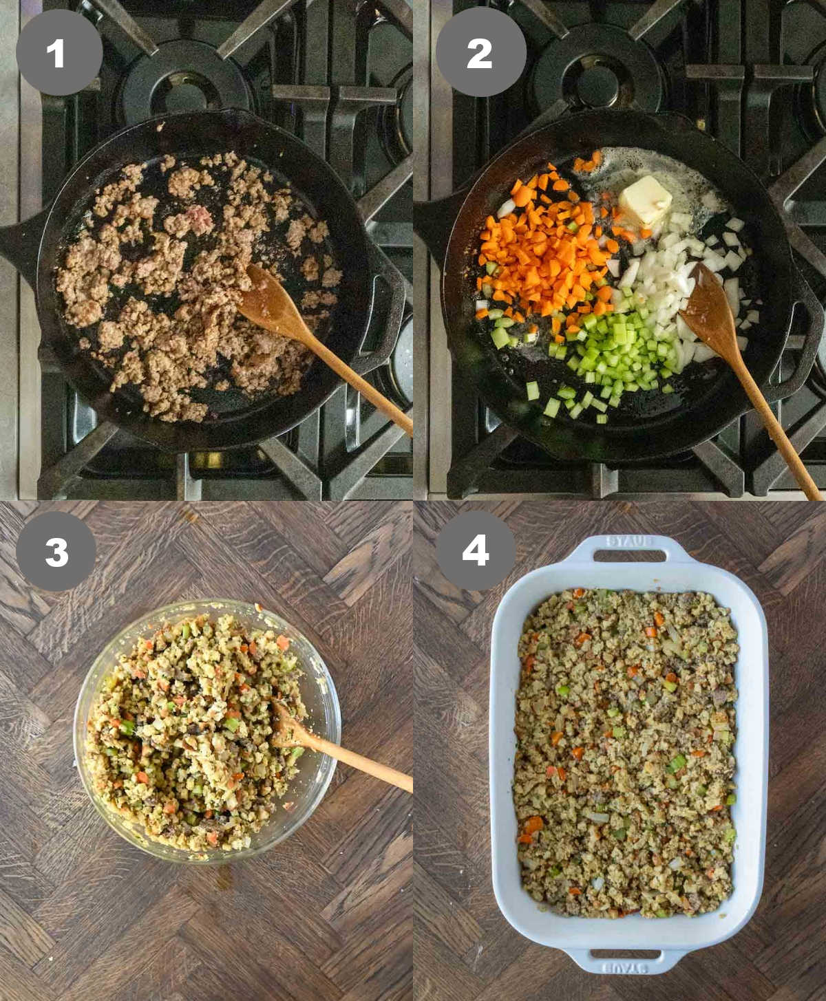 Steps 1 through 4 for making homemade stuffing from box.