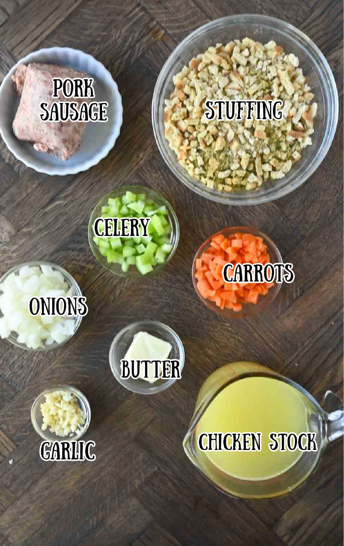 Labeled ingredients for homemade stuffing from box.