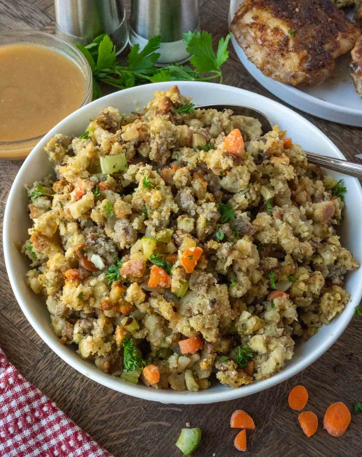 A bowl of semi homemade stuffing from box.