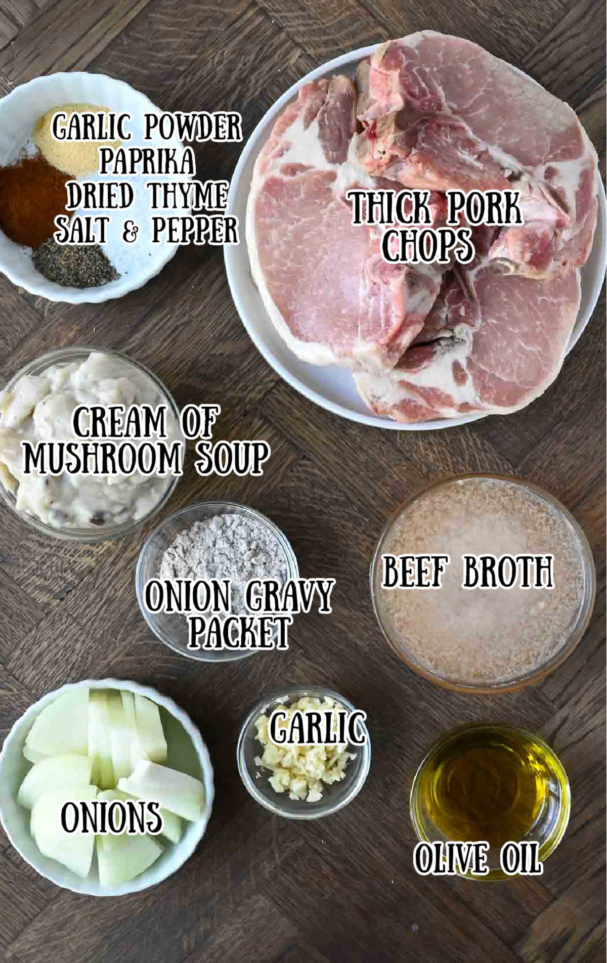 All of the ingredients needed for these smothered pork chops.