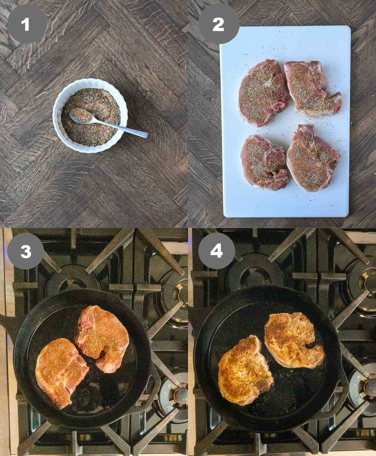 Seasoning mixed in a bowl then rubbed on the pork chops and placed into the crock pot.