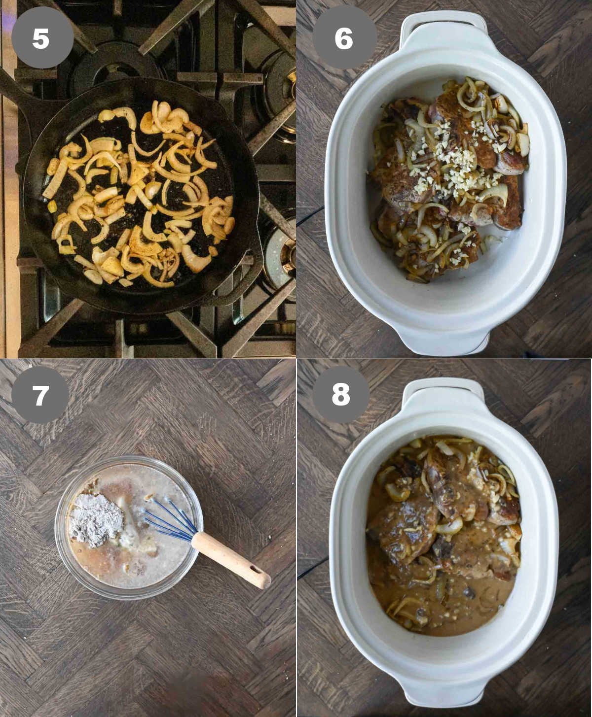 Onions sauteed in a skillet and added to the slow cooker with the soup mixture.