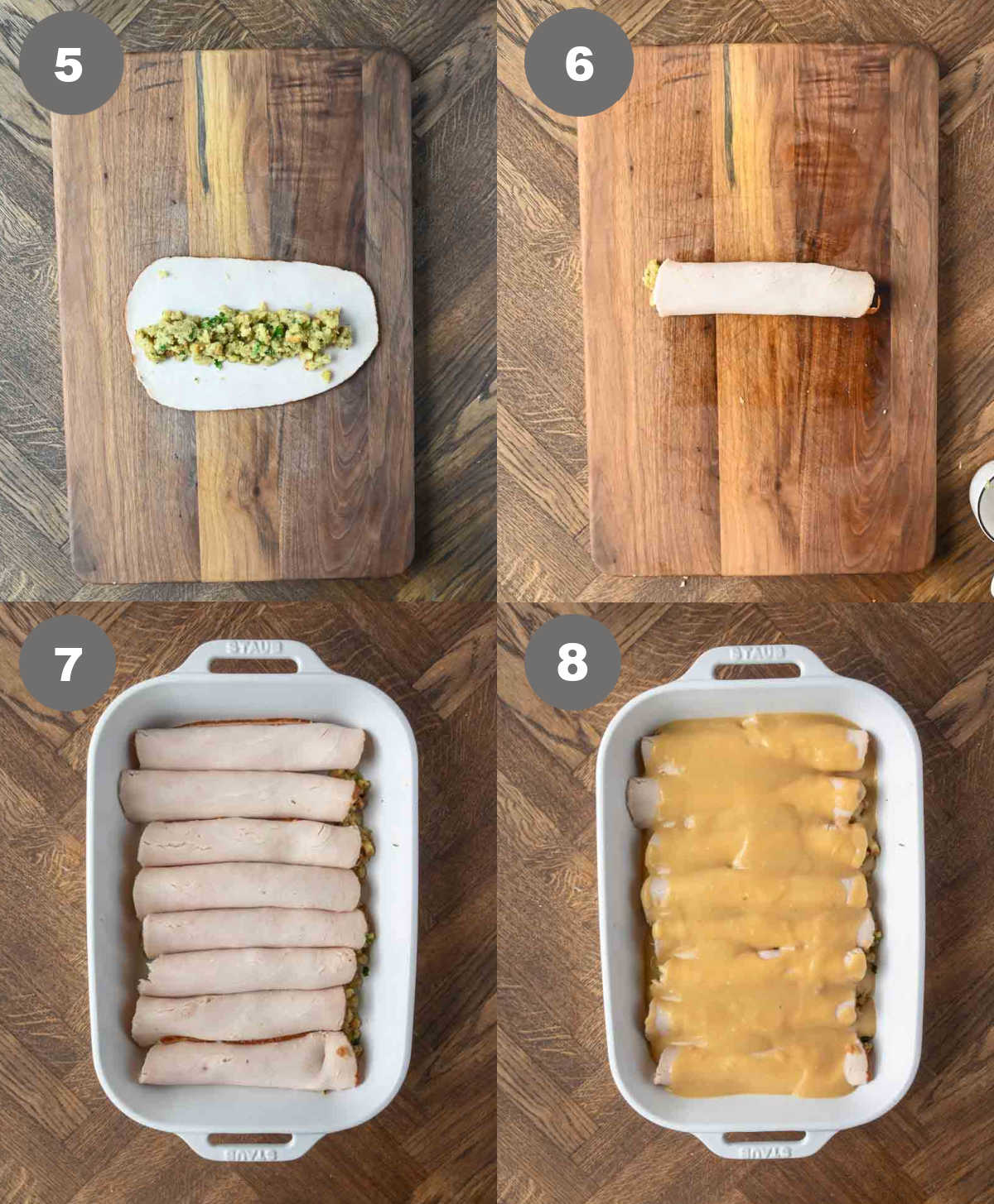 Steps 5 through 8 for making this turkey stuffing roll up recipe.