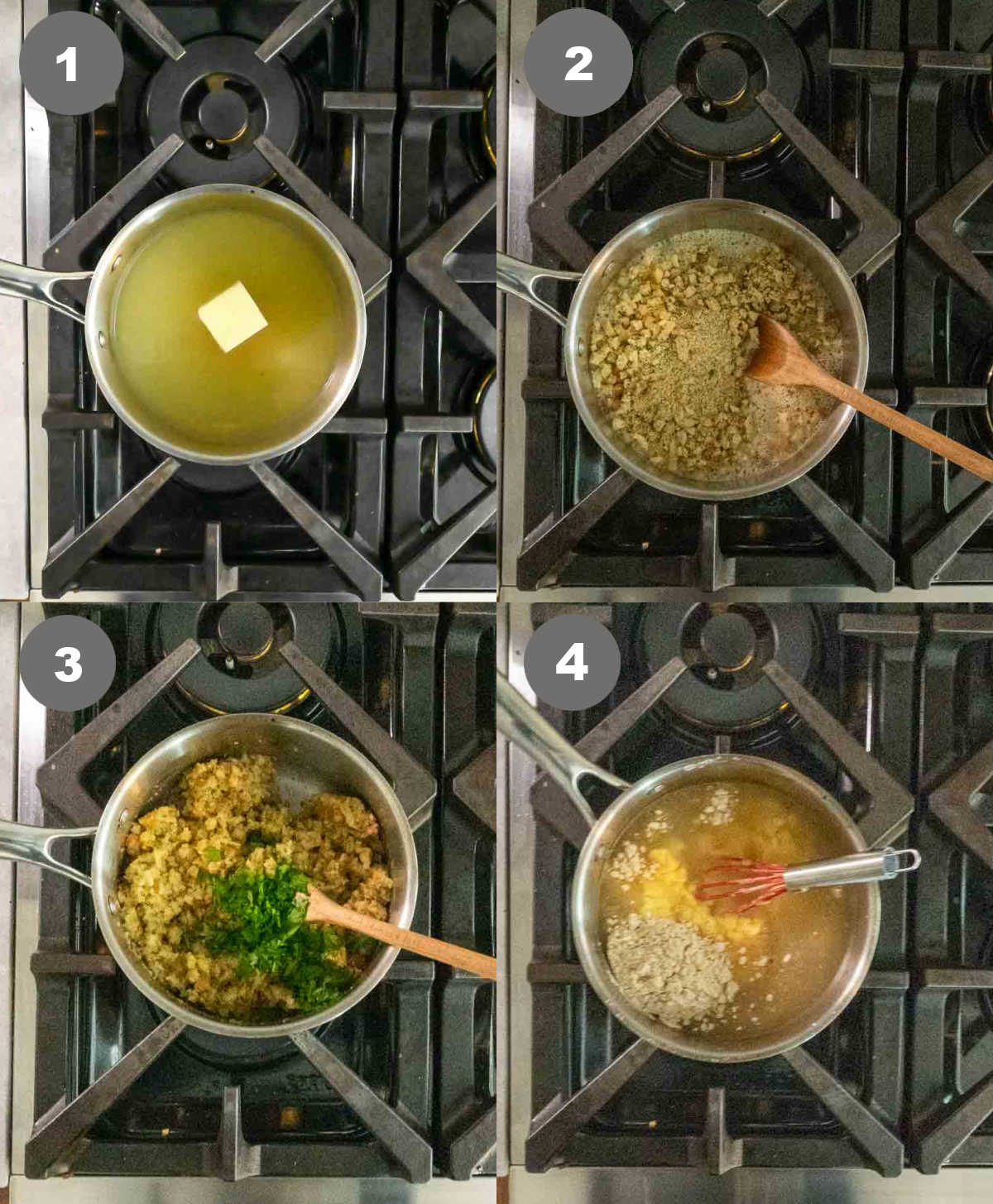 Steps 1 through 4 for making turkey stuffing roll ups.