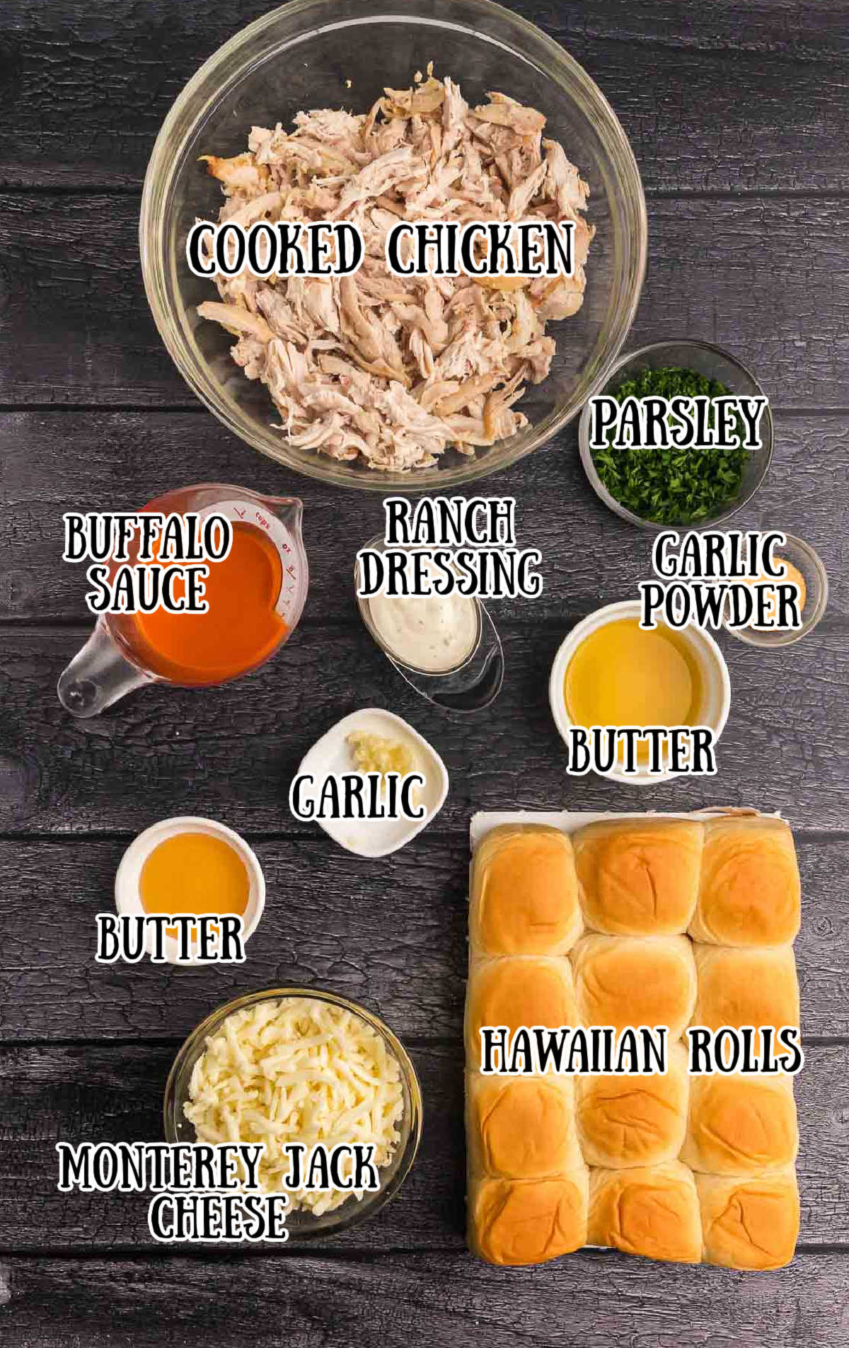 Labeled ingredients for buffalo chicken sliders recipe.
