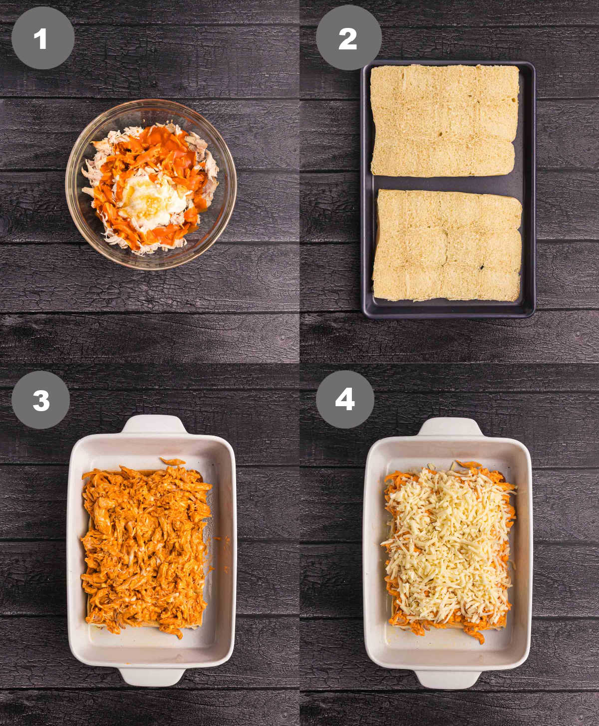 Steps 1 through 4 for making buffalo chicken sliders.