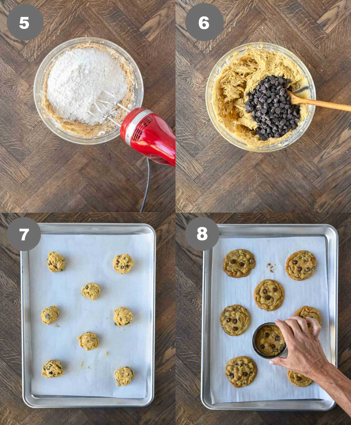 Dry and wet ingredients added together then chocolate chips folded in and cookies placed on a baking sheet.