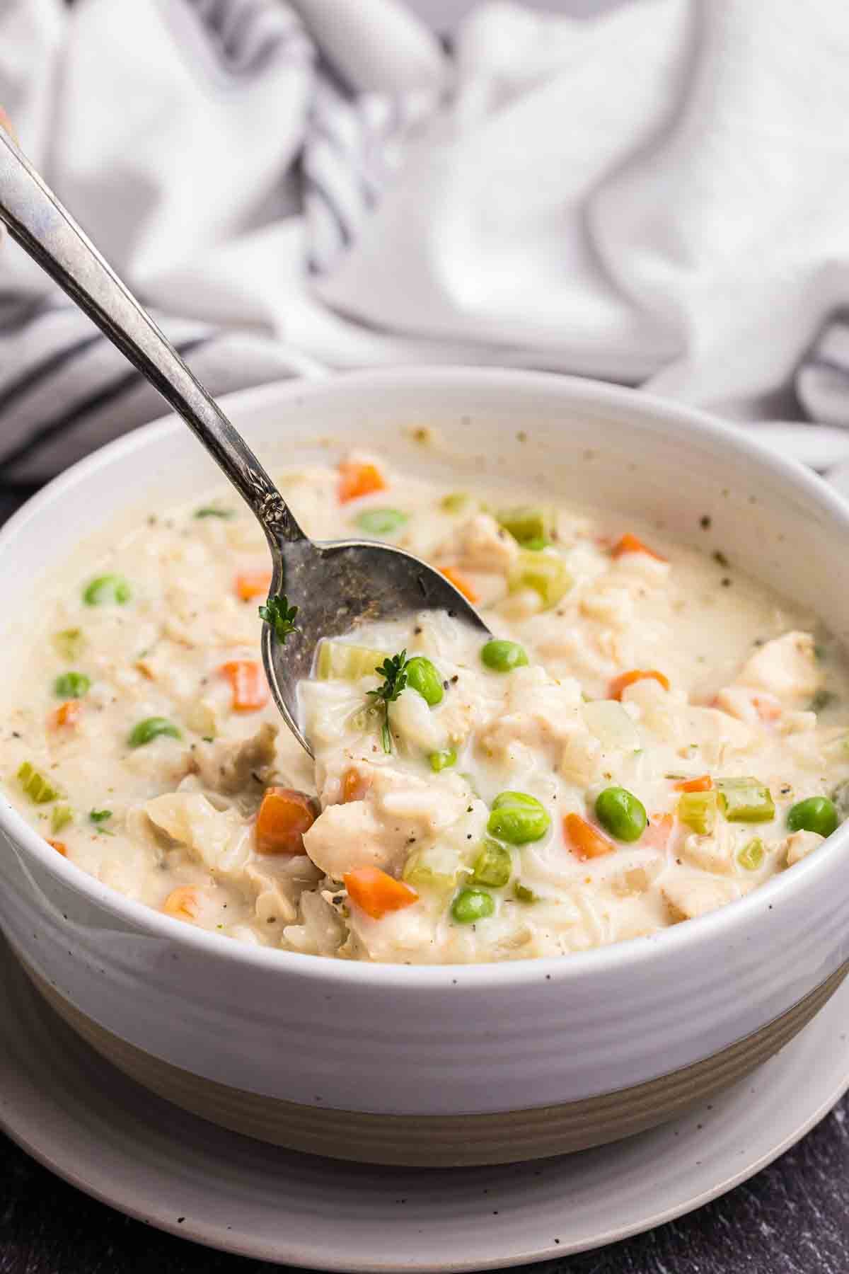 Taking a scoop of chicken and rice soup.