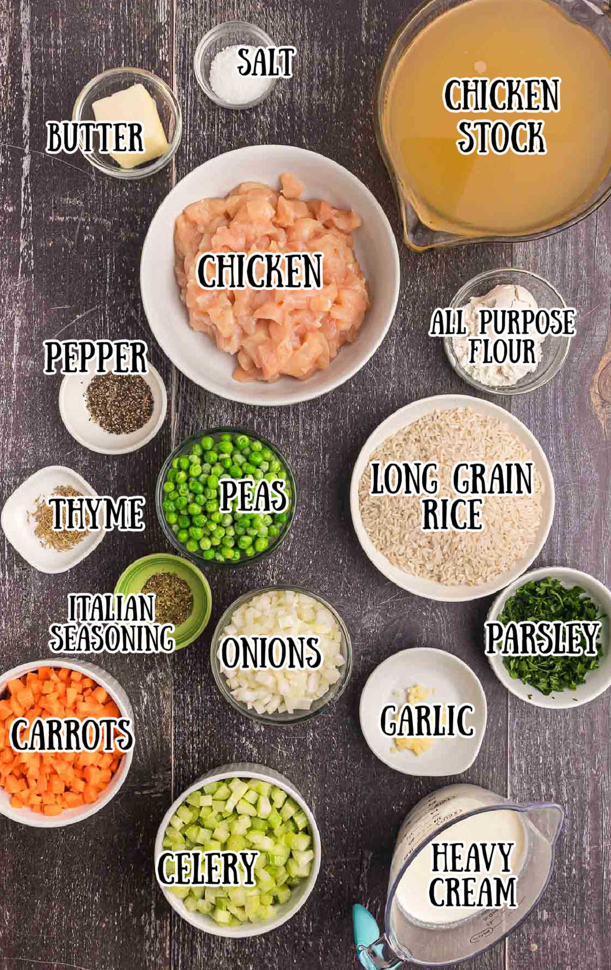 Labeled ingredients for creamy chicken and rice soup.
