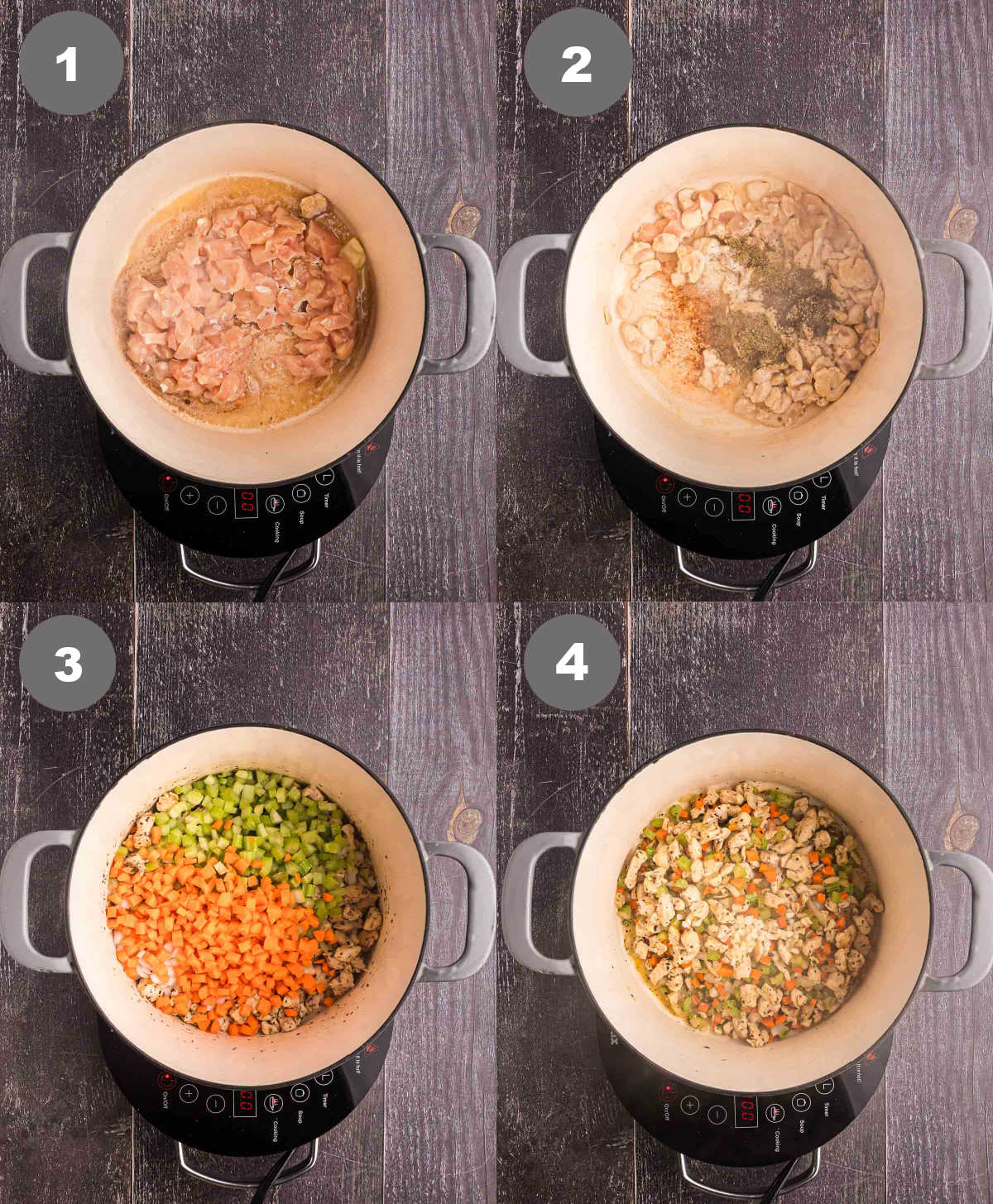 Steps 1 through 4 to make creamy chicken and rice soup.