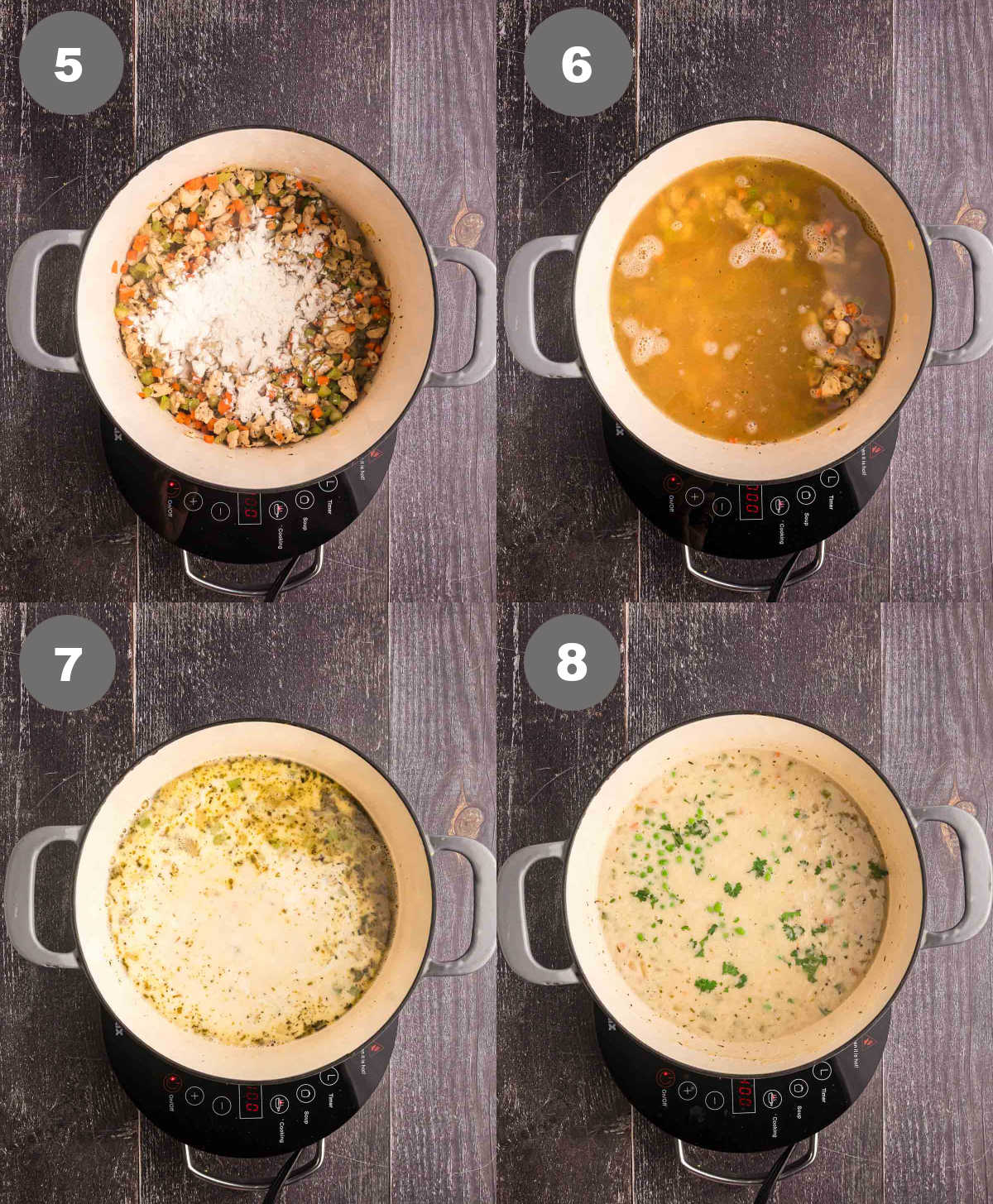 Steps 5 through 8 for making creamy chicken and rice soup.