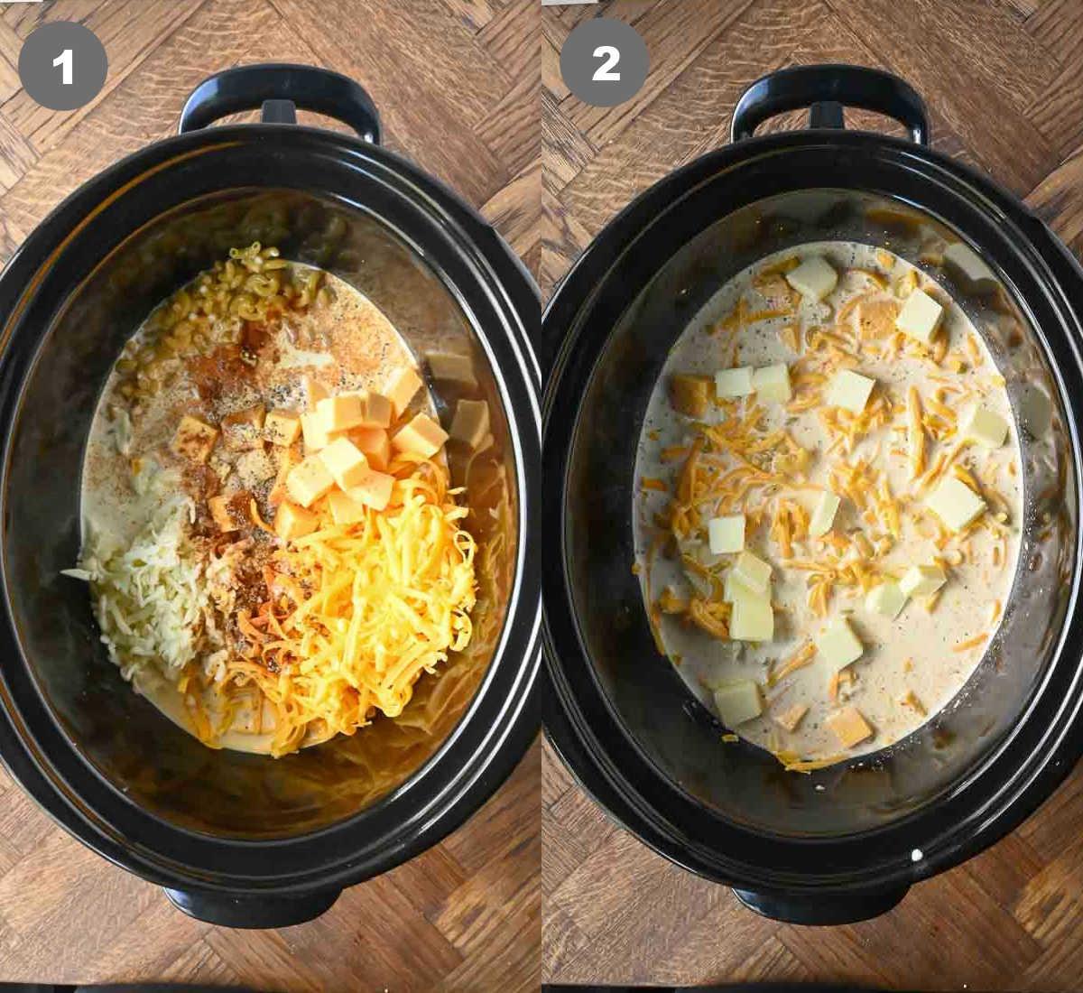 All of the ingredients added into the slow cooker.