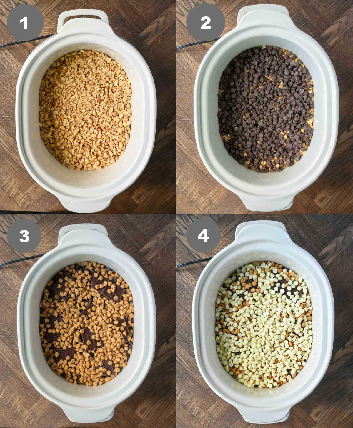 Steps 1 through 4 for making crockpot christmas candy.