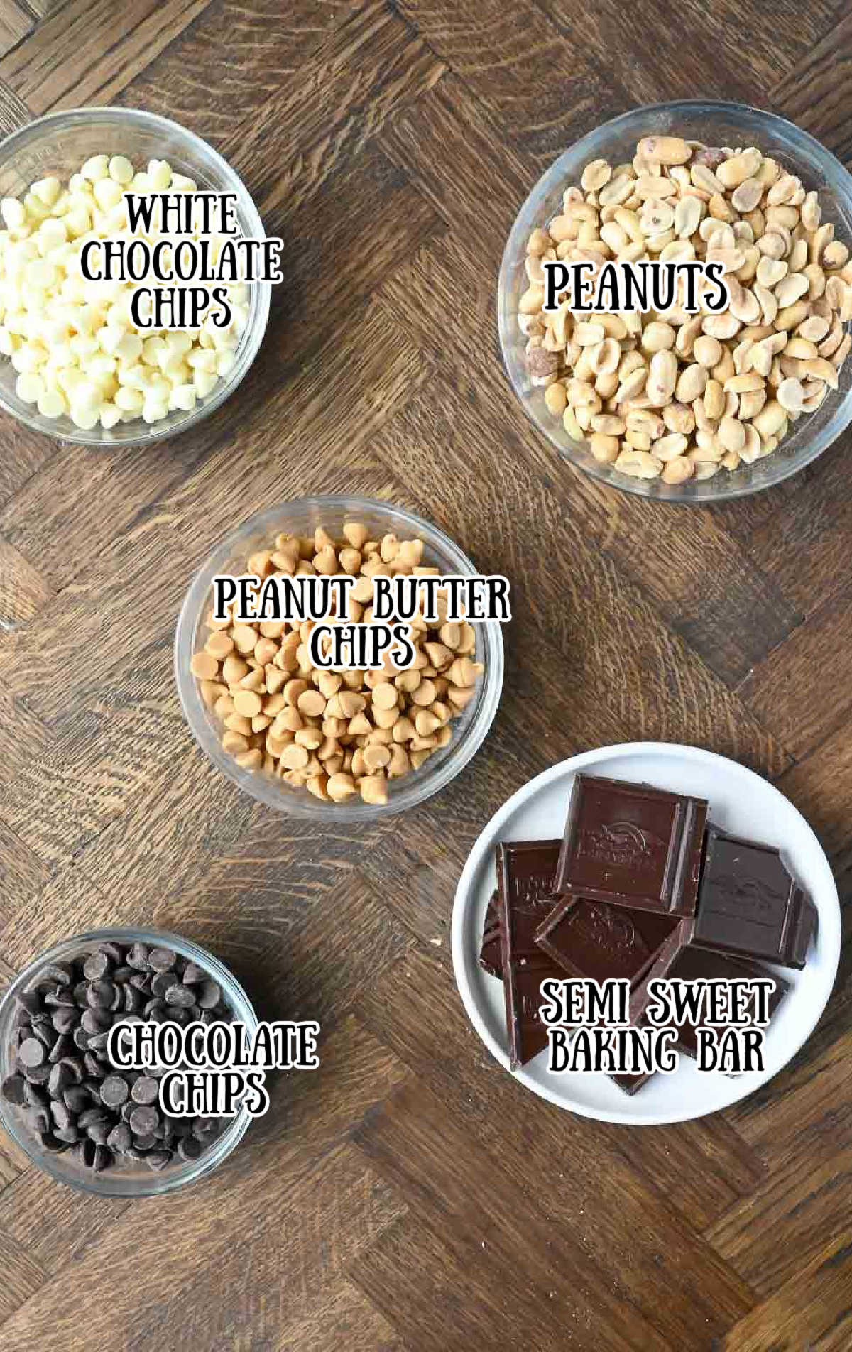 Labeled ingredients for crockpot christmas candy.