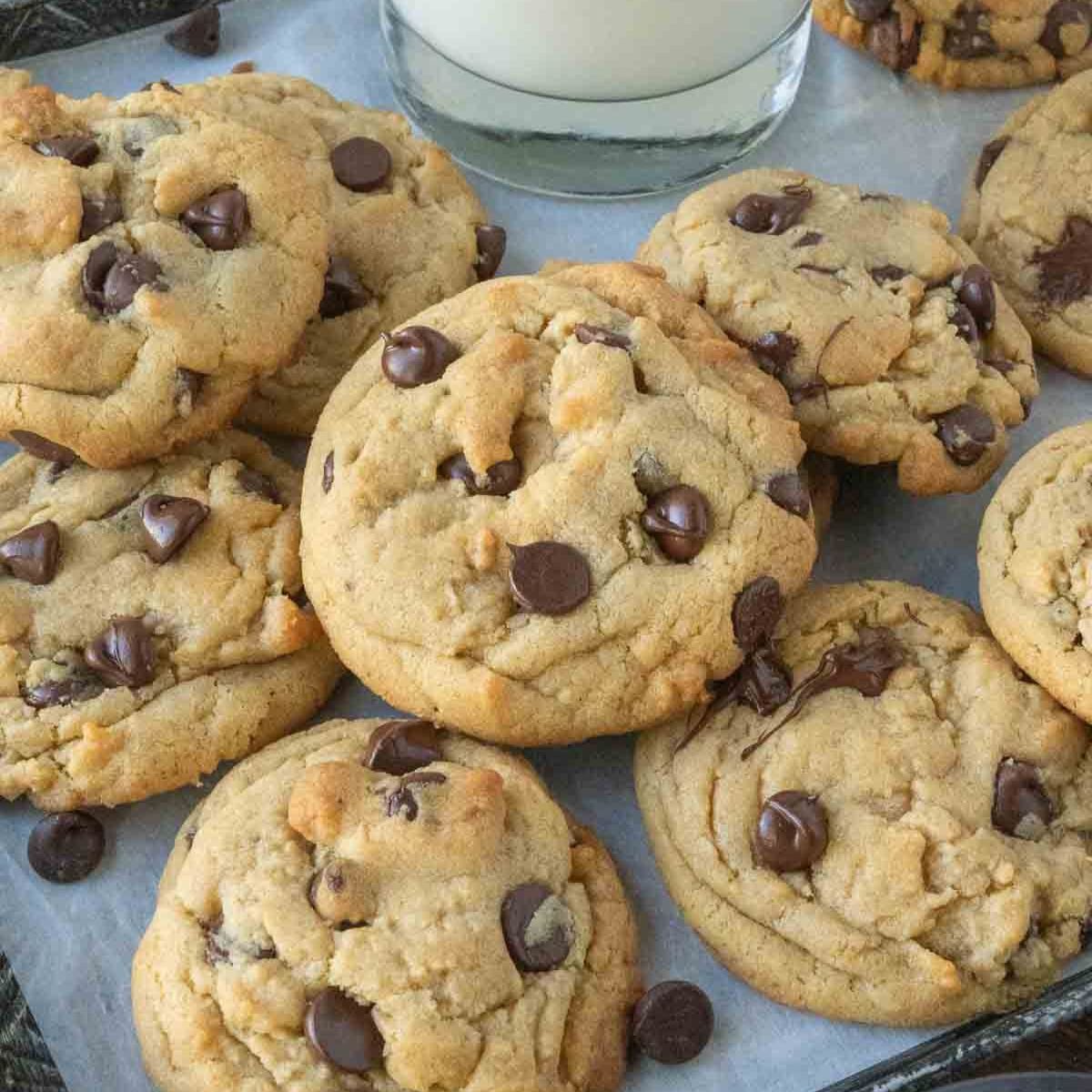 Cookies on a baking sheet with a glass of milk.