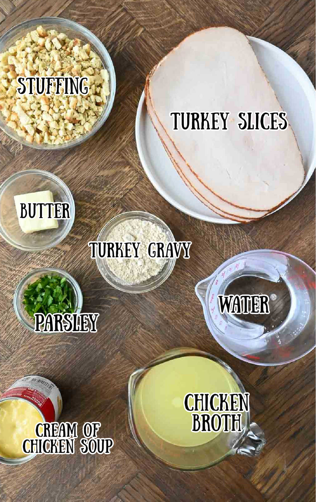 Labeled ingredients for turkey stuffing roll up recipe.