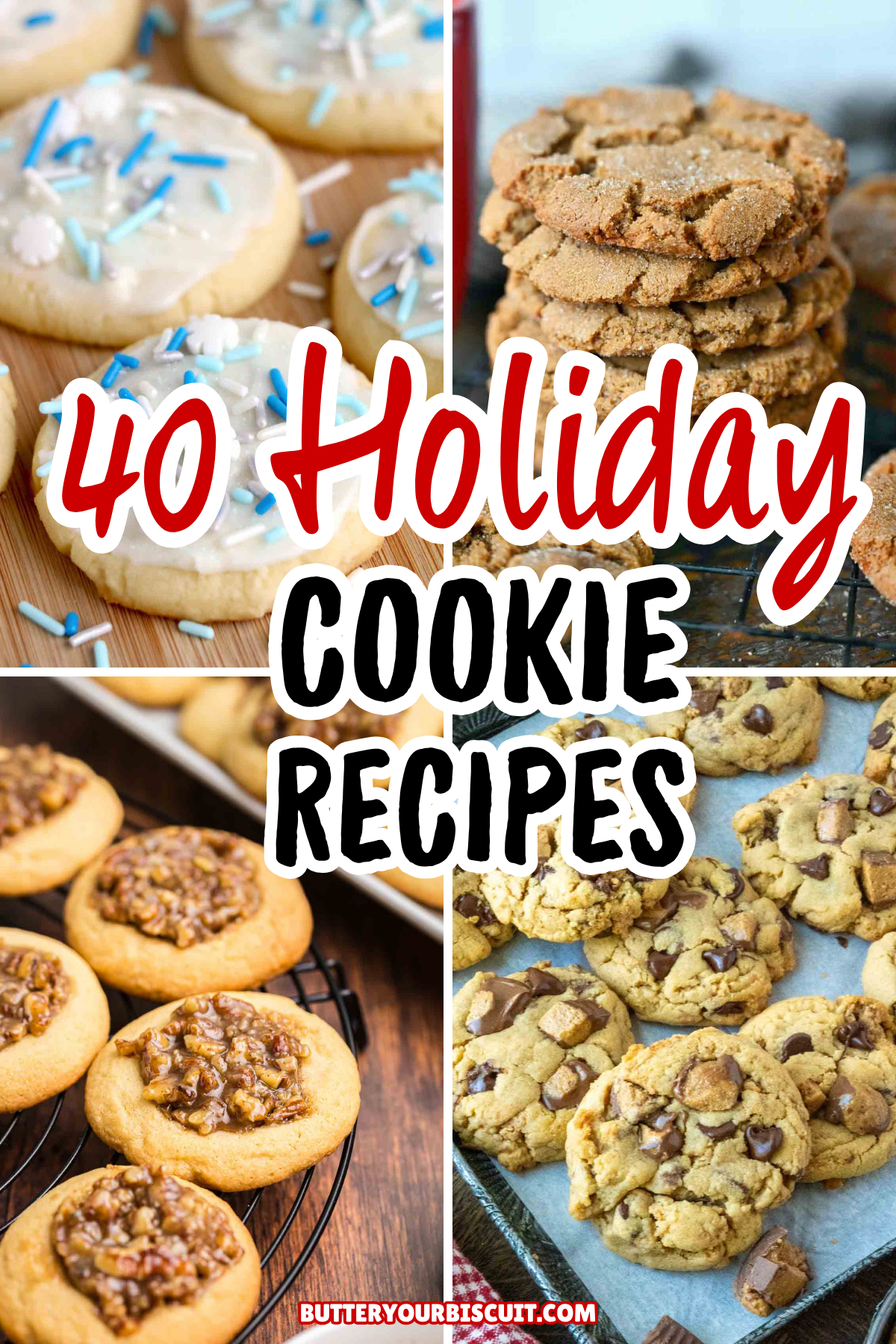 Four cookie recipes a sugar cookie, molasses, pecan and chocolate chip.